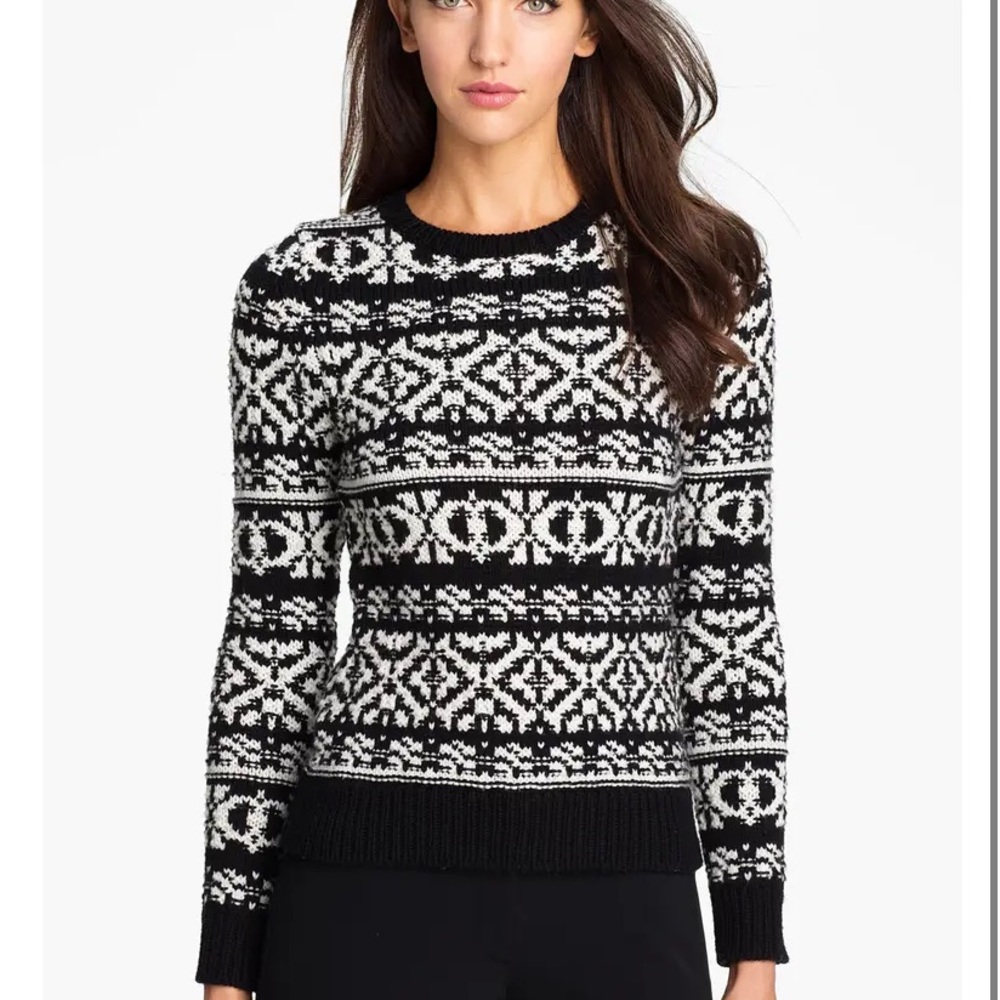 THEORY 100% Wool Knit Chunky Winter Sweater Tommie P Fair Isle Nordic B&W
